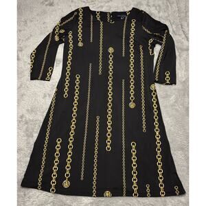 Tommy Hilfiger Chain Reaction Jersey Dress Women's 12 L Gold Black 3/4 Sleeve